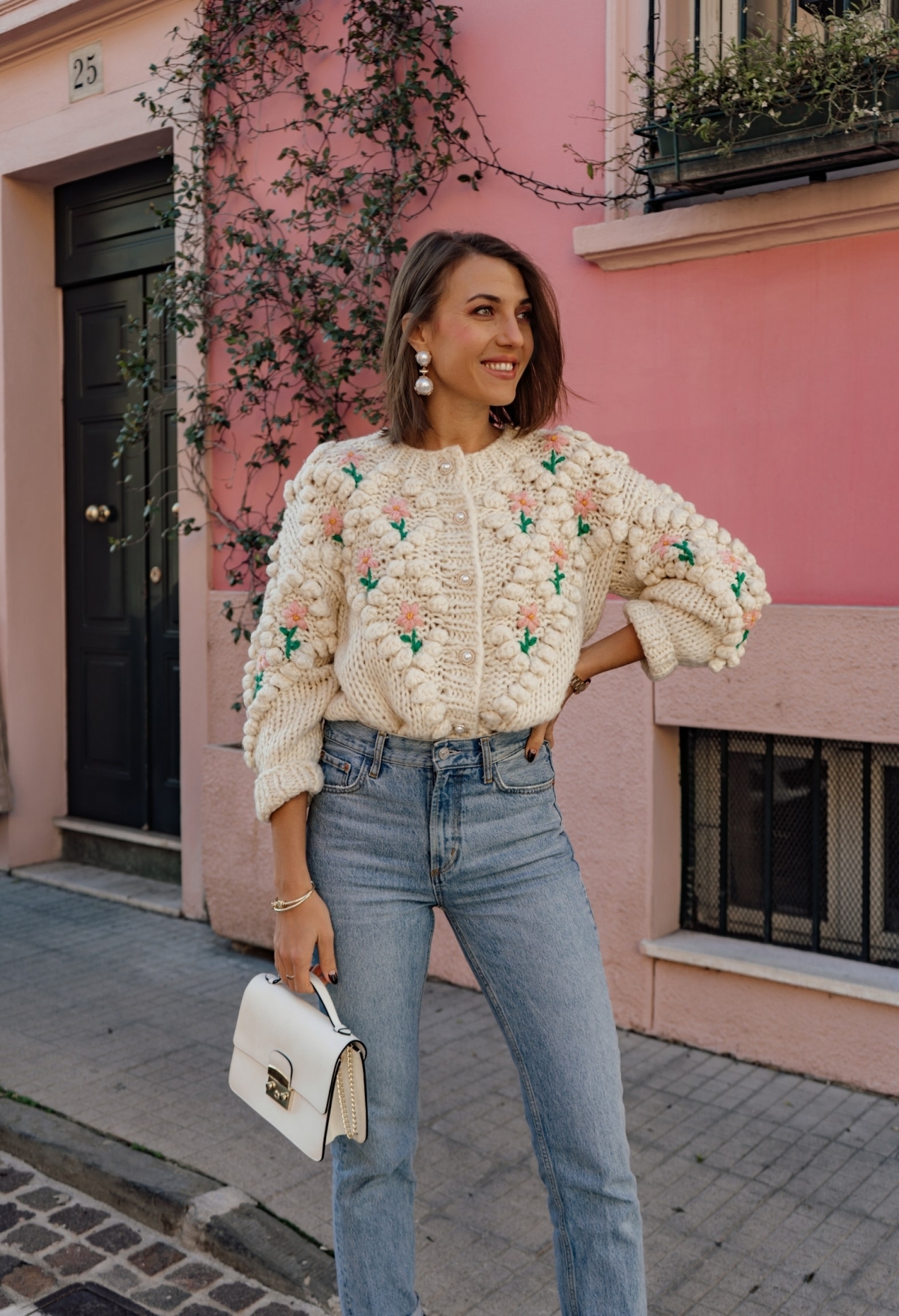 Pom Pom Floral Chunky Cardigan (Cream)